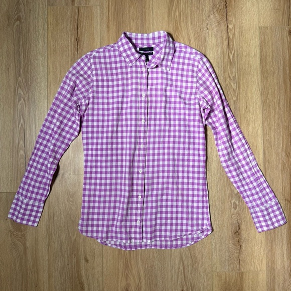 J.Crew All Cotton Button Up Boy Fit Gingham Blouse Women's Size 8 Purple White - Picture 1 of 6